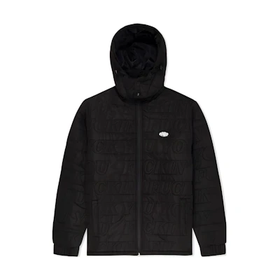 RIPNDIP Fuckin Fuck Letter Print Black Hooded Puffer Jacket RNDHOL23105