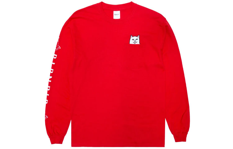 RIPNDIP Lord Nermal Pocket Long Sleeve Cartoon Print Crewneck Sweatshirt Red RND-SS21-027
