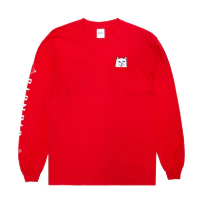 RIPNDIP Lord Nermal Pocket Long Sleeve Cartoon Print Crewneck Sweatshirt Red RND-SS21-027