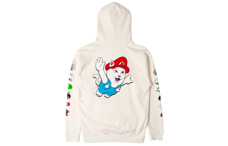 RIPNDIP Mario Cat Flip-Off Hoodie - Unisex Pullover Sweatshirt Beige RND3924