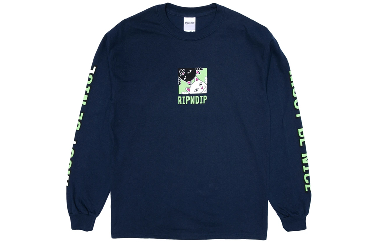 RIPNDIP Middle Finger Cat Cartoon Unisex Long Sleeve Sweatshirt Navy Blue RNDLTX2020022681