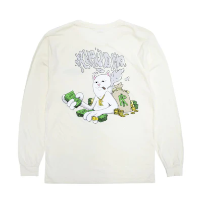 RIPNDIP Money Man White Long Sleeve Cartoon Print Unisex Crewneck RND9052
