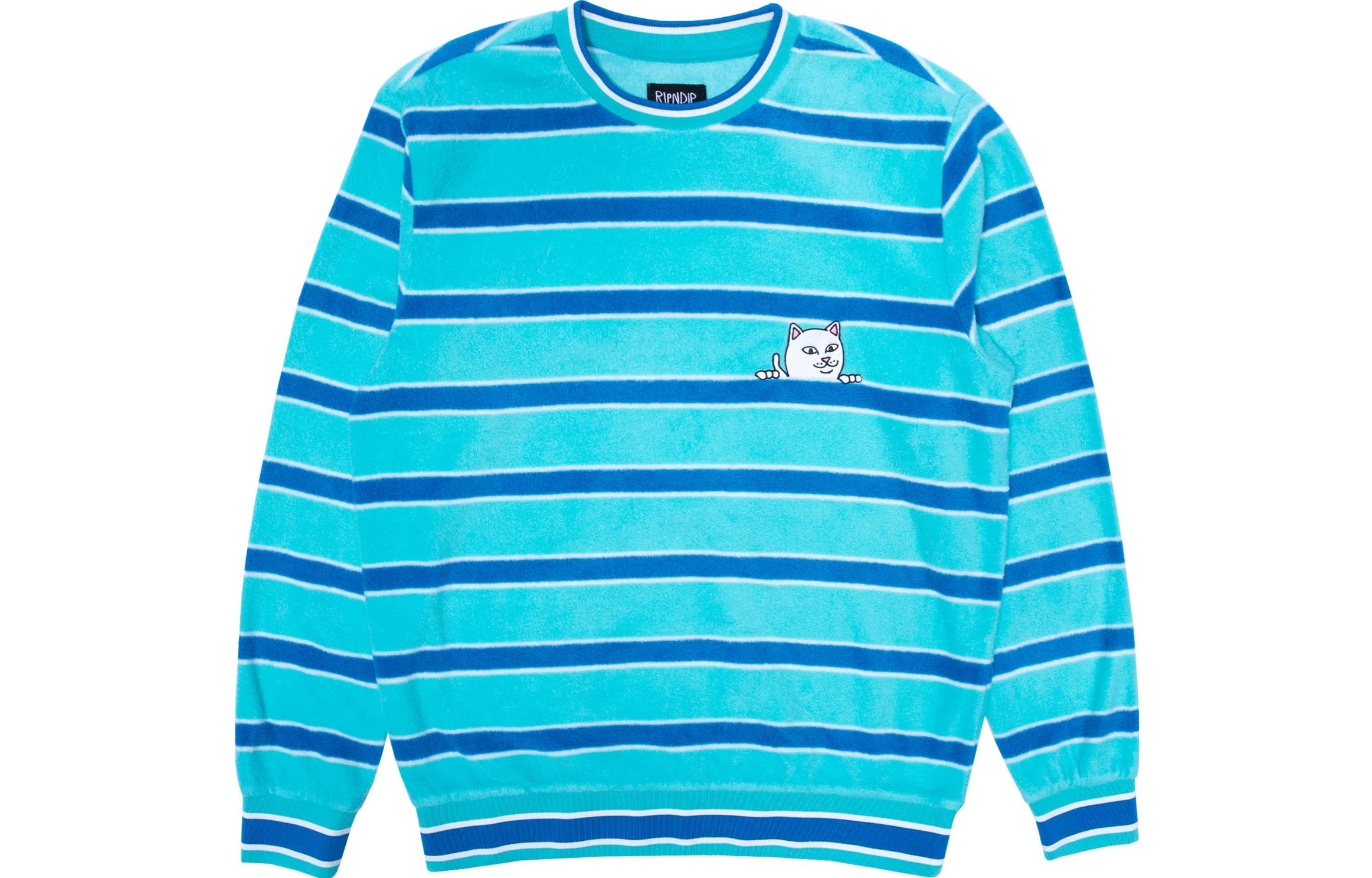 RIPNDIP SS23 Striped Cartoon Graphic Crewneck Sweatshirt Blue - Fashion RND4911