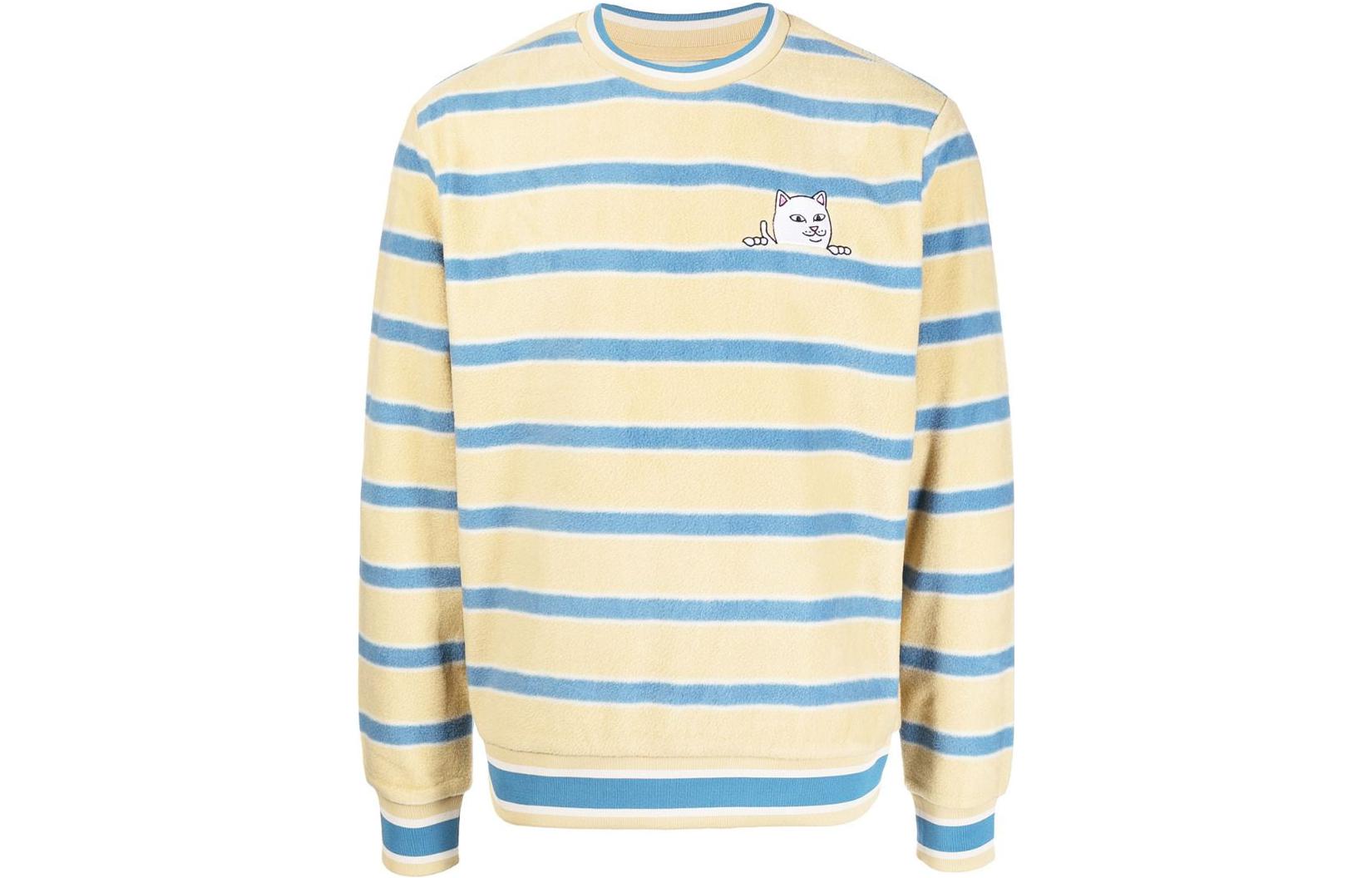 RIPNDIP Yellow Striped Crewneck Sweatshirt with Cat Embroidery RND7019