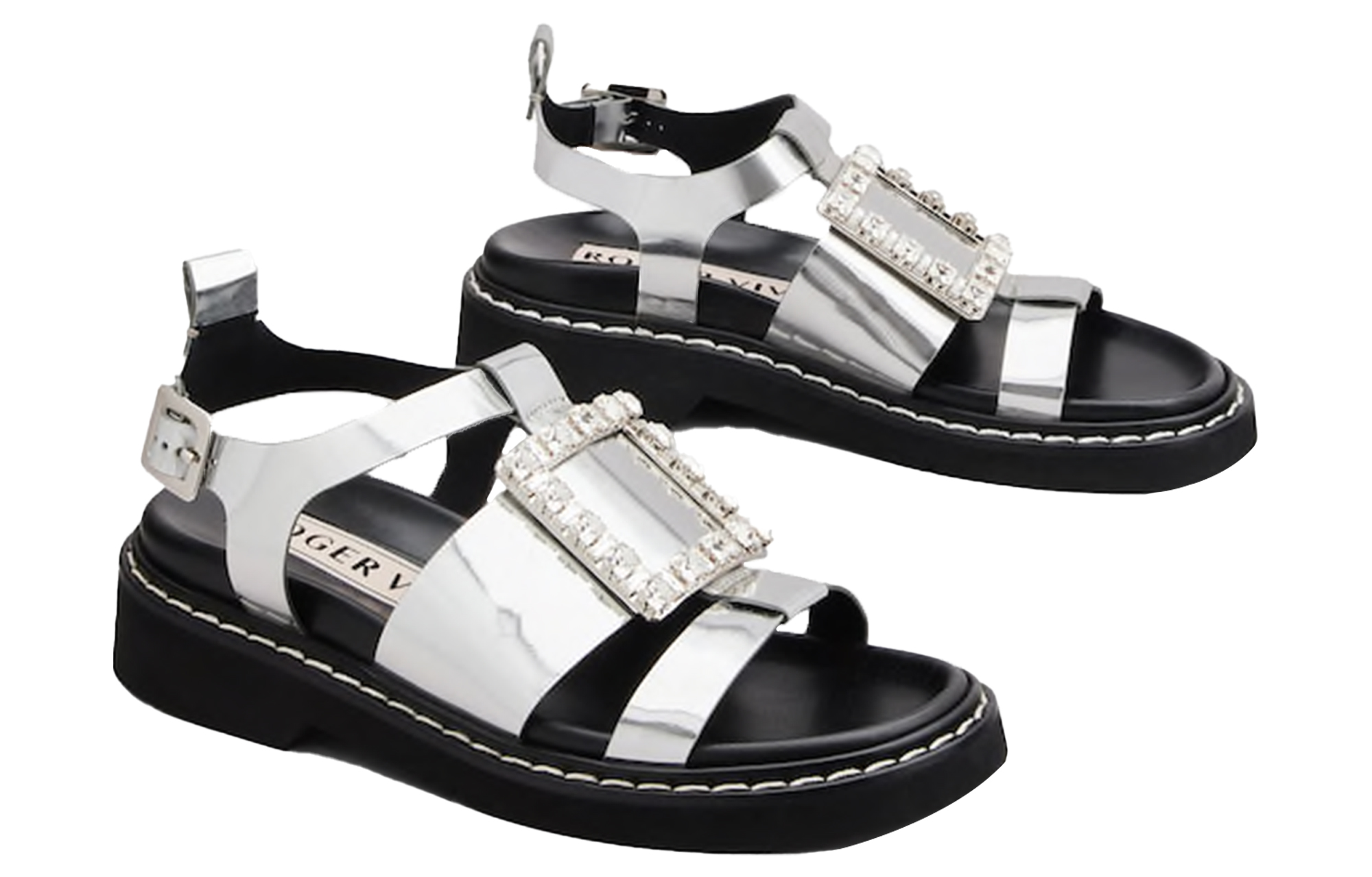 Roger Vivier Viv' Rangers Leather Fashion Sandals 'Silver Buckle'