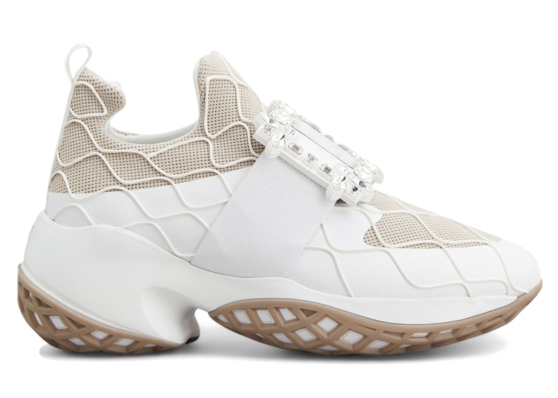 (Women) Roger Vivier Viv' Run Fabric White Beige Crystal Buckle RVW50636780T6O144U