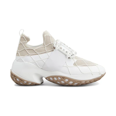 (W) Roger Vivier Viv' Run Fabric White Beige Crystal Buckle