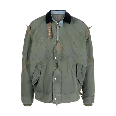 Sacai Olive Green Herringbone Patchwork Zip Jacket with Side Slits 23-03046M-501