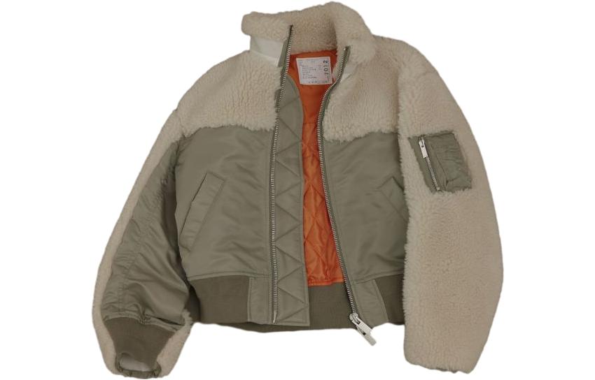 Sacai Beige Zip-Up Bomber Jacket with Patchwork Design 23-07012-526