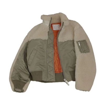 Sacai Beige Zip-Up Bomber Jacket with Patchwork Design 23-07012-526