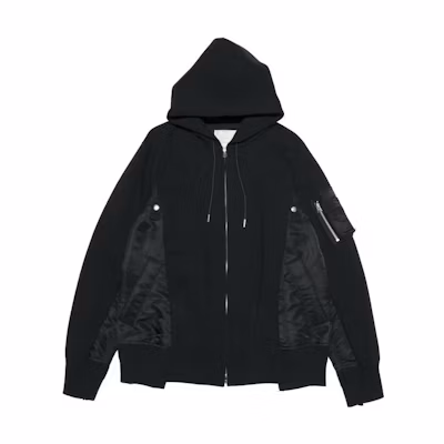 Sacai Black Hoodie with Zipper and Patchwork Design SCM-056BK