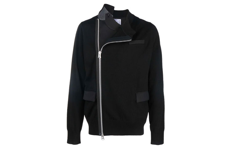 Sacai FW21 Asymmetric Zip Knit Jacket Black 21-02553M