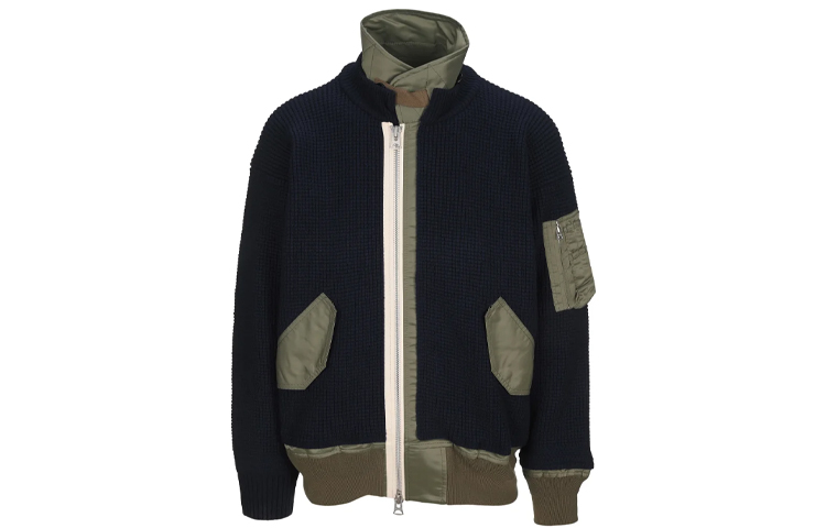 Sacai FW21 Black High-Neck Flight Jacket with Logo Print for Men 02631MWN201