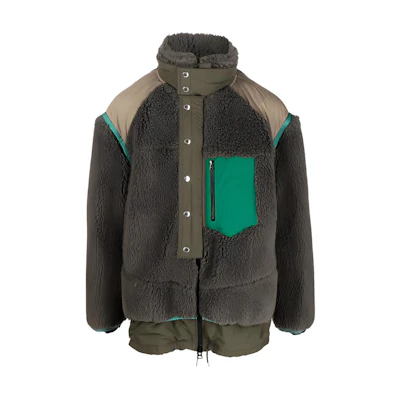 Sacai FW21 Colorblock Shearling Zip Jacket Military Green 21-02642M
