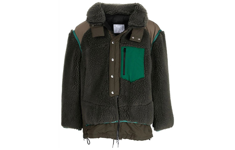 Sacai FW21 Green Snap-Button Shearling Jacket 21-02642M001