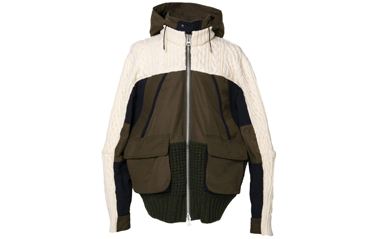 Sacai FW21 Holiday Knit Zip-Up Hoodie Jacket Khaki Patchwork Design 21-02780M-KHK