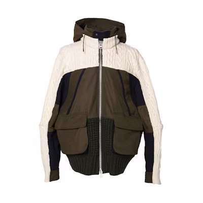 Sacai FW21 Holiday Knit Zip-Up Hoodie Jacket Khaki Patchwork Design 21-02780M-KHK