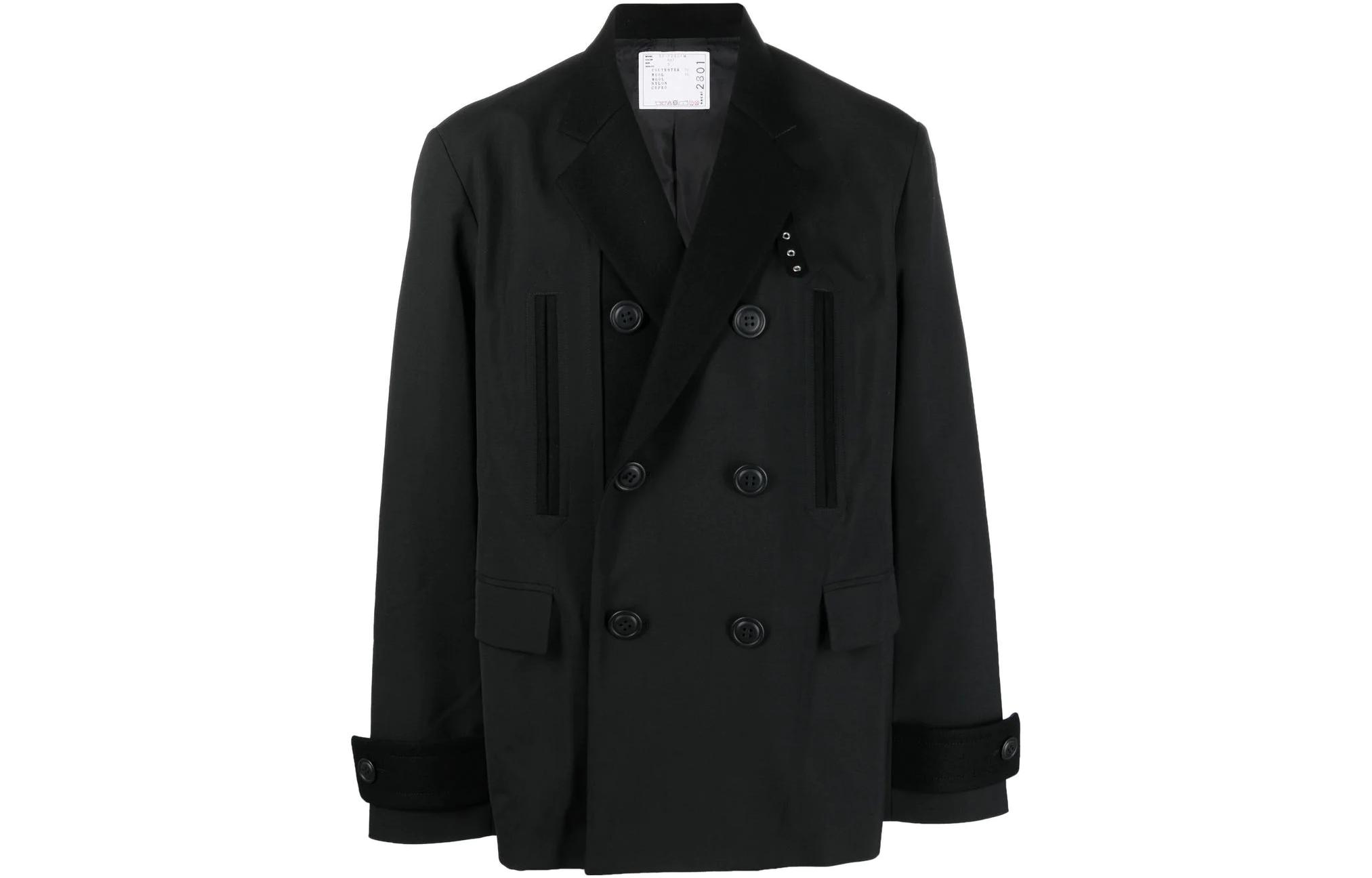 Sacai FW22 Black Double-Breasted Trapezoid Collar Jacket Fashion 2202801M001