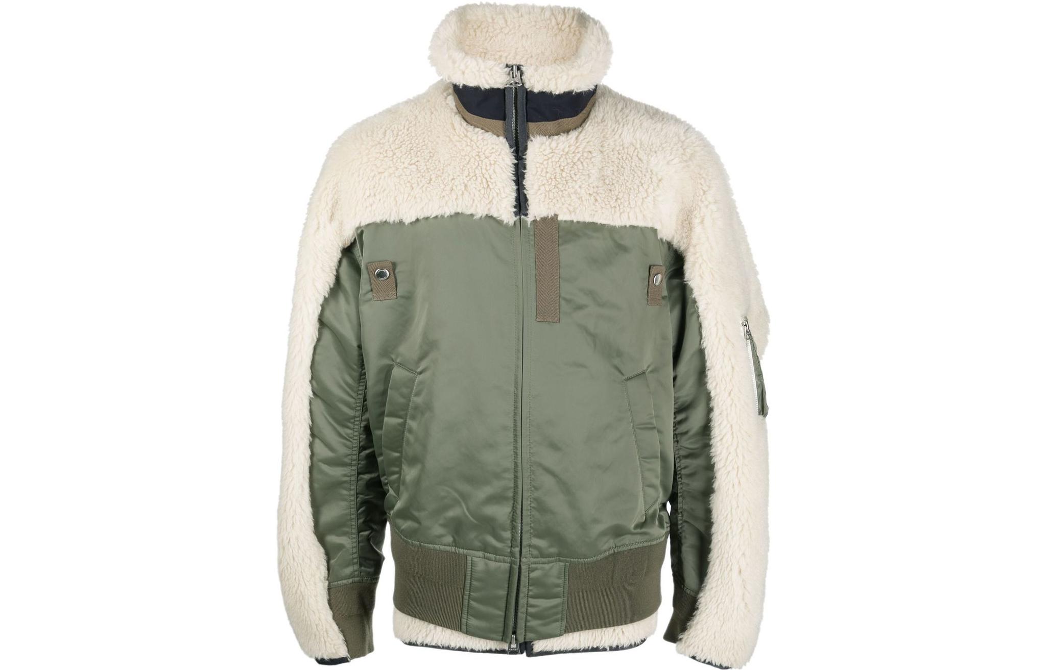 Sacai FW22 Color-Block Ribbed Trim High Collar Jacket Green Mens 2202903MFN051