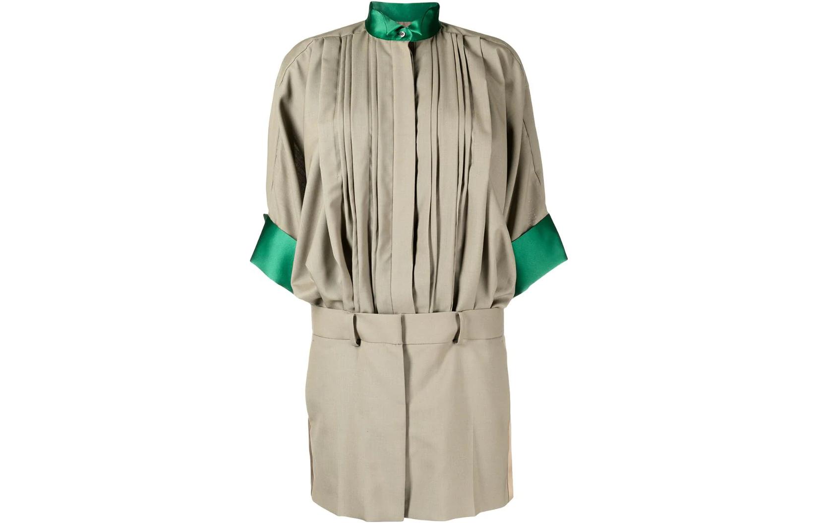 Sacai FW22 Color Block Pleated Long Sleeve Dress Gray Taupe 22-06035-651