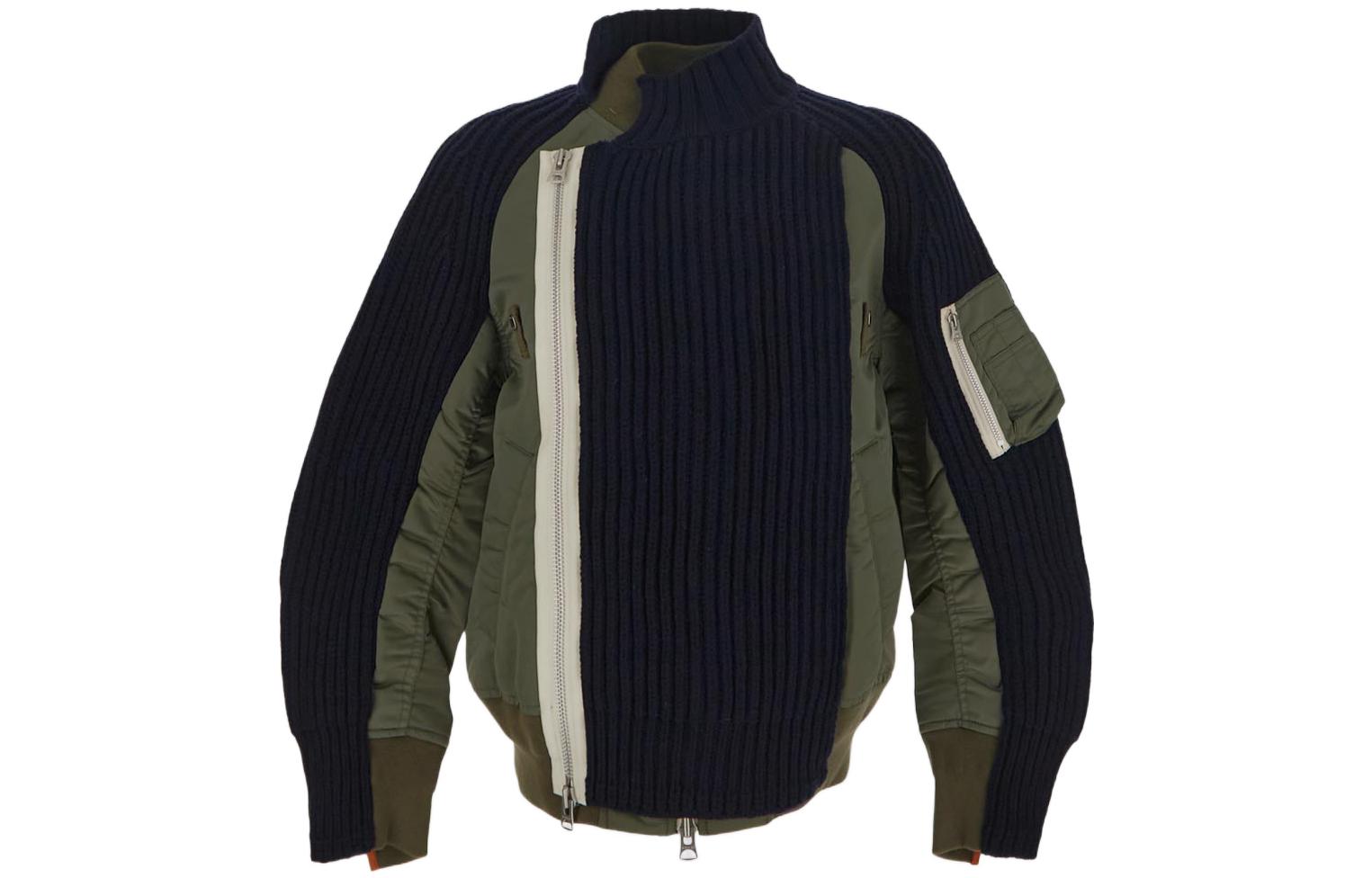 Sacai FW22 Olive Green Colorblock Zip-Up High Collar Jacket 02826M212