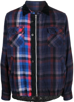 サカイ FW22 プレイドプリント ジップシャツジャケット メンズ ネイビーブルー 22-02838M201 Buy サカイ FW22 プレイドプリント ジップシャツジャケット メンズ ネイビーブルー 22-02838M201