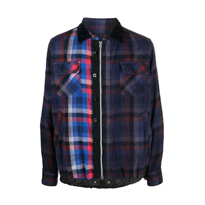 Sacai FW22 Plaid Print Zip Shirt Jacket Mens Navy Blue 22-02838M201