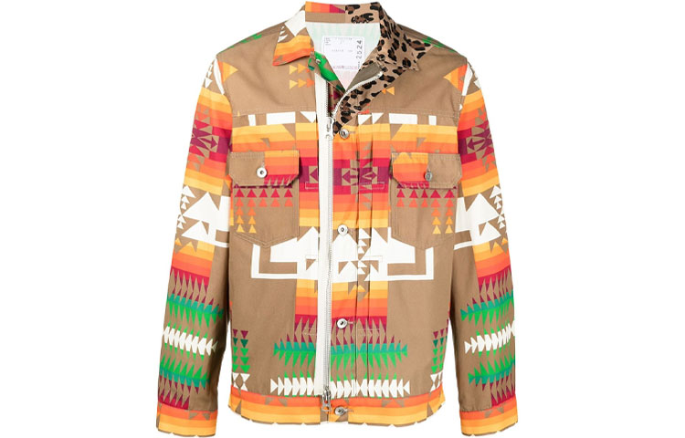 Sacai Geometric Print Lightweight Jacket with Side Zipper Khaki 21-02524M651