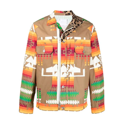 Sacai Geometric Print Lightweight Jacket with Side Zipper Khaki 21-02524M651