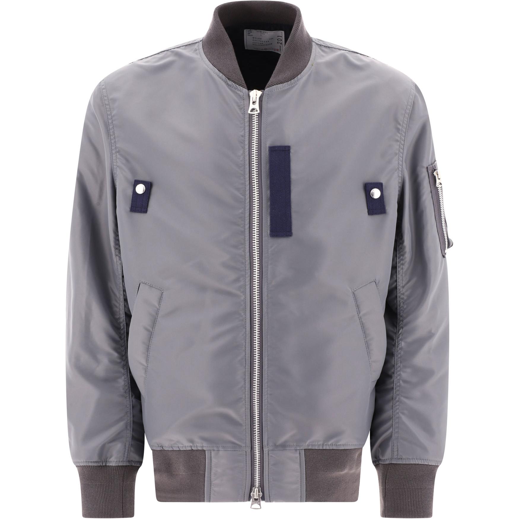 Sacai Gray Zip-Up Bomber Jacket with Stand Collar Long Sleeves SCM201326