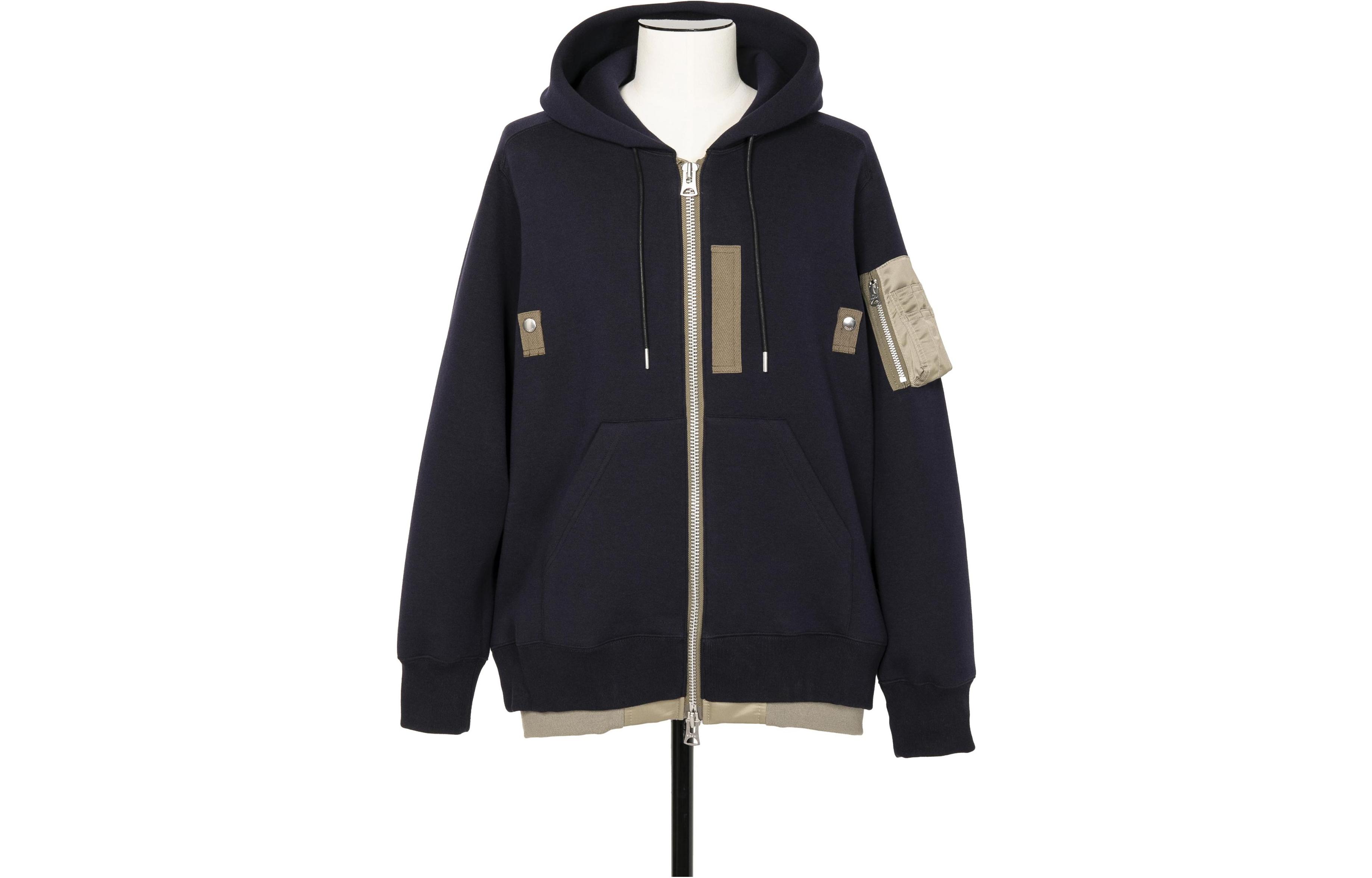 Sacai Navy Blue Hooded Zip-Up Patchwork Cardigan Sweatshirt 24-03335M-201
