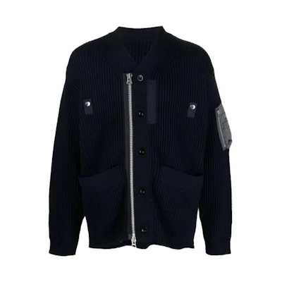 Sacai Solid Color Zip Long Sleeve Knit Sweater Navy Blue . 23-03166M-W201