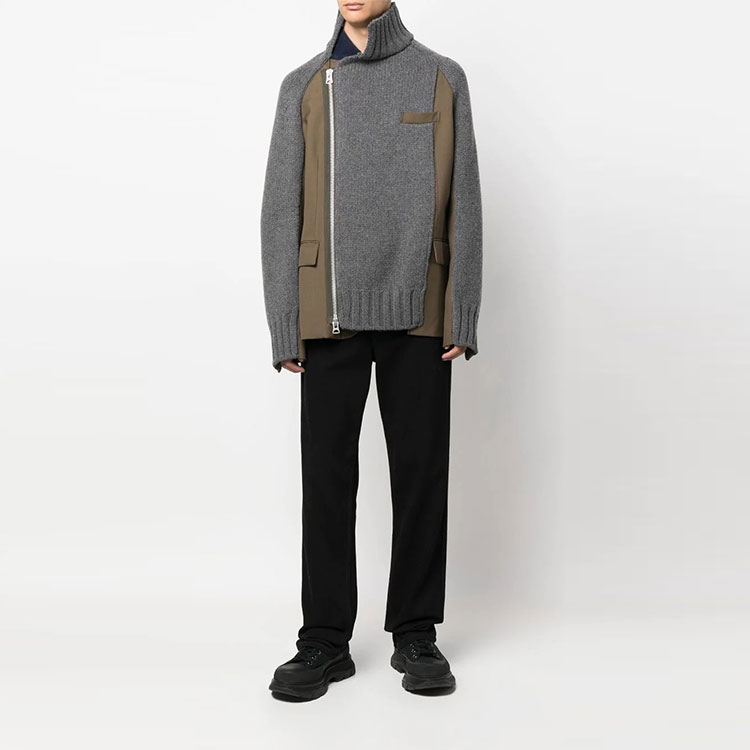 Lookbook サカイ SS22 グレー ジッパー カジュアル パッチワーク ルーズ ニットセーター. 22-02805