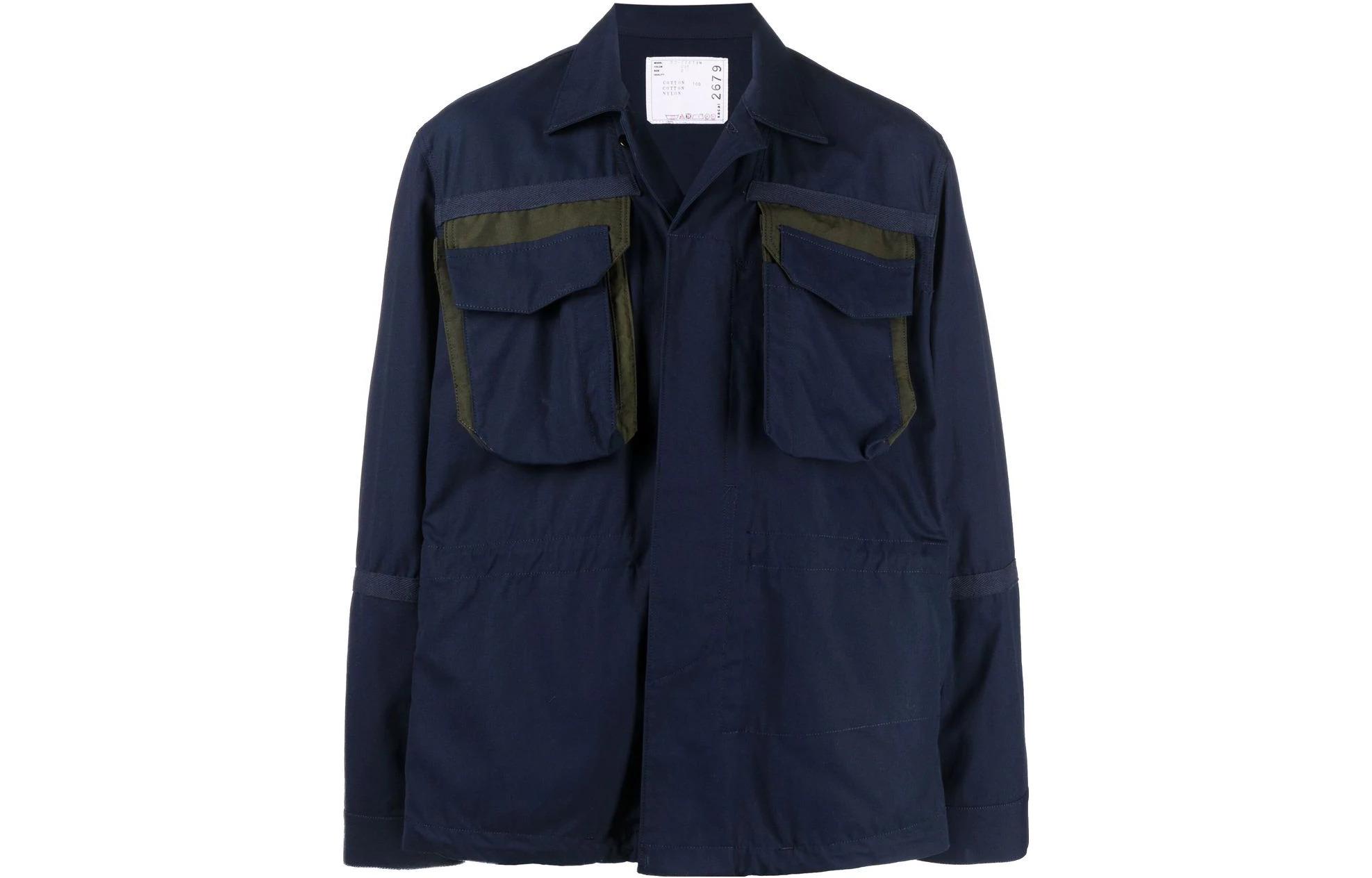 Sacai SS22 Navy Single-Breasted Shirt Jacket with Chest Pocket for Men 22-02679