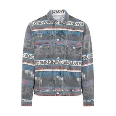 Sacai SS23 Grey Graphic Print Distressed Denim Jacket for Men 23-02971-M551