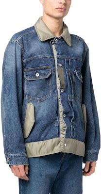 サカイ SS23 パッチワークラペルボタンアップ長袖ジャケット メンズ ブルー 23-03000M-401 Purchase サカイ SS23 パッチワークラペルボタンアップ長袖ジャケット メンズ ブルー 23-03000M-401