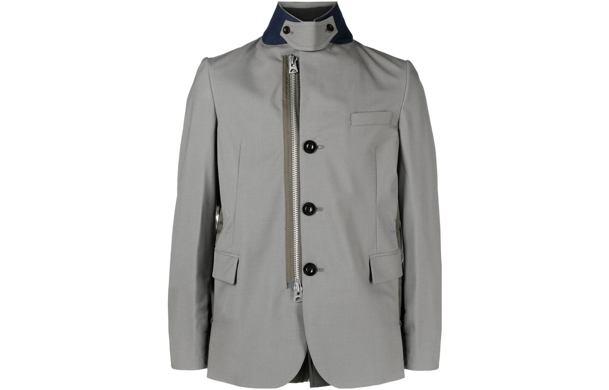 Sacai SS23 Solid Notched Lapel Zip Long Sleeve Blazer Jacket Grey Men 23-02948-M550