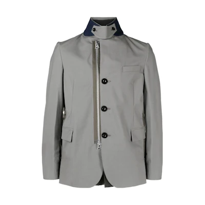 Sacai SS23 Solid Notched Lapel Zip Long Sleeve Blazer Jacket Grey Men 23-02948-M550