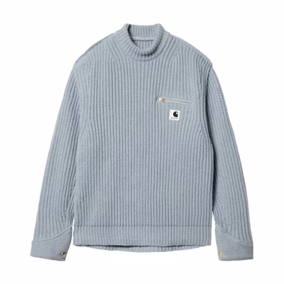 sacai Carhartt WIP FW23 Unisex Loose Fit High Neck Knit Sweater in Sky Blue. 23-03112M-451
