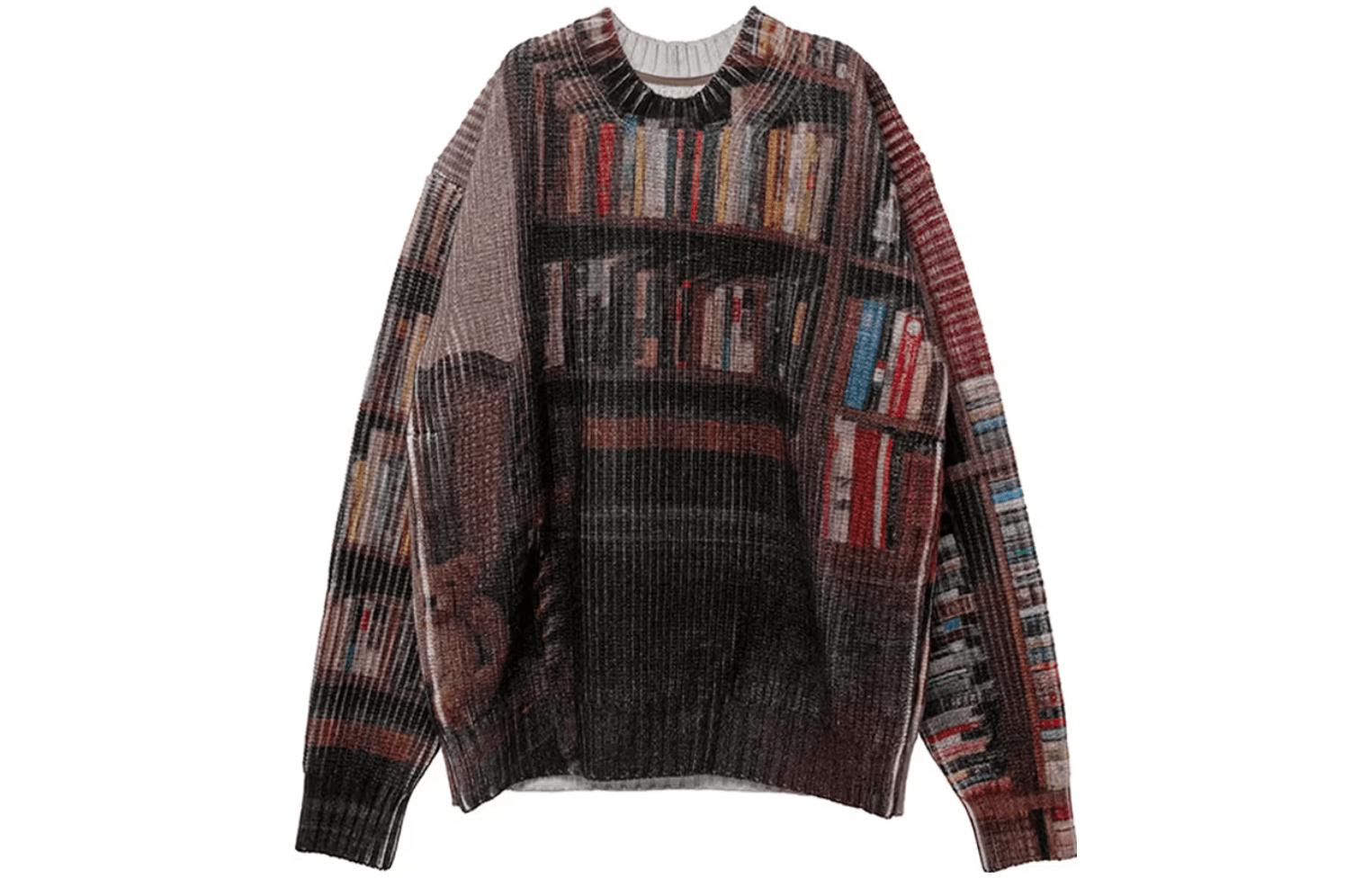 Sacai x Interstellar FW23 Bookshelf Print Knit Pullover Brown Unisex Sweater 23-03137M-926