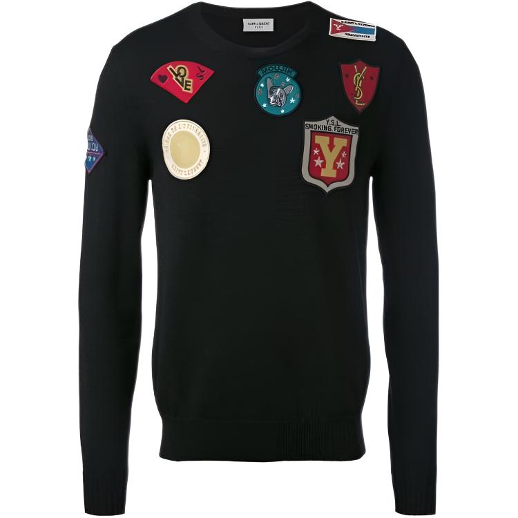 SAINT LAURENT  Black Crewneck Slim Fit Printed Long Sleeve Sweater 482619-Y1VG1-1000
