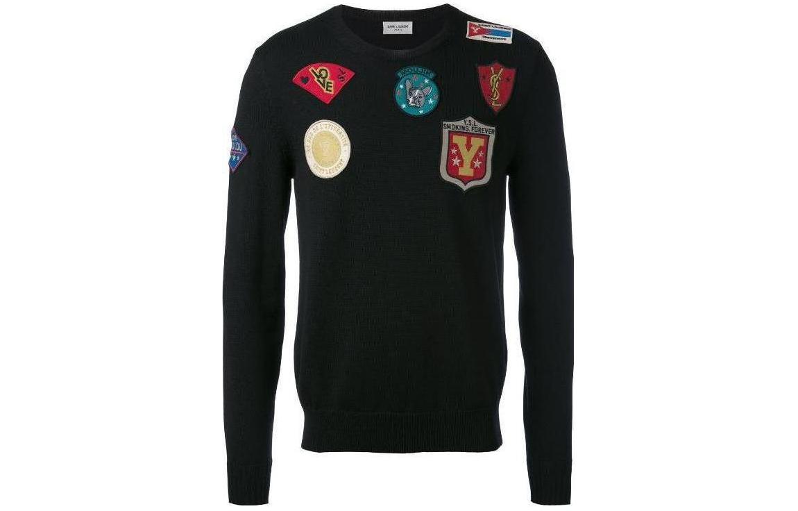 Order SAINT LAURENT  Black Crewneck Slim Fit Printed Long Sleeve Sweater 482619-Y1VG1-1000