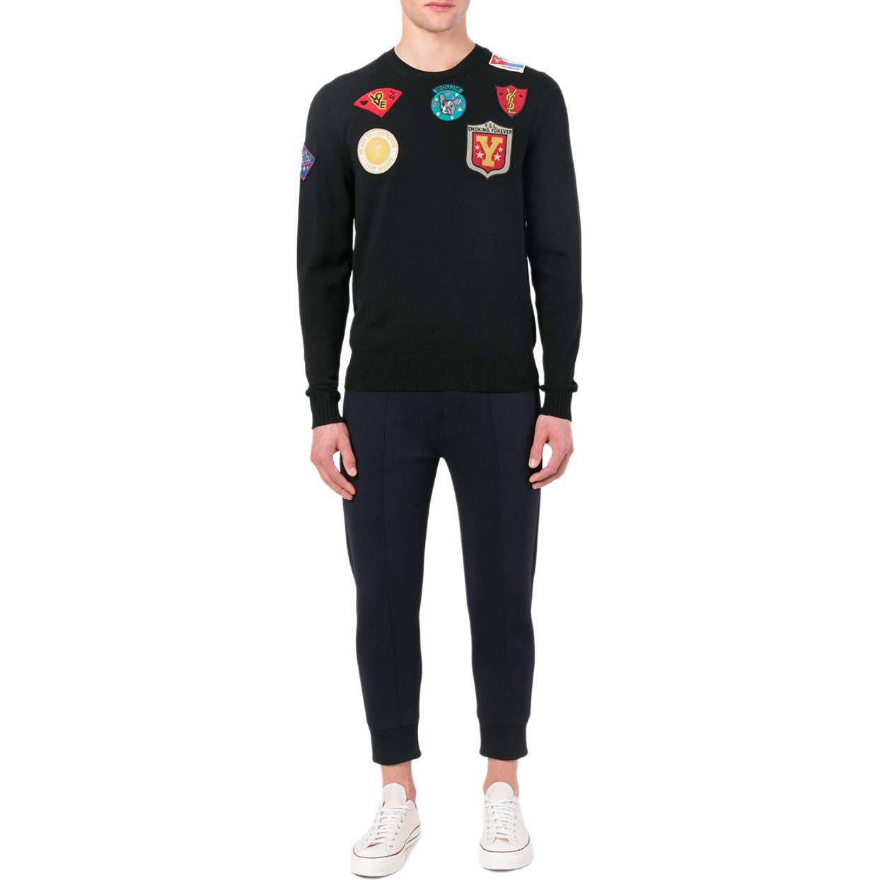 Lookbook SAINT LAURENT  Black Crewneck Slim Fit Printed Long Sleeve Sweater 482619-Y1VG1-1000