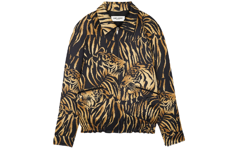 SAINT LAURENT  Black Tiger Print Zip-Up Casual Jacket Long Sleeve. 695632Y2E879664
