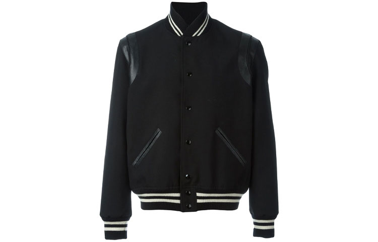 SAINT LAURENT  Black Wool Striped Long Sleeve Varsity Jacket. 354718Y239W1000
