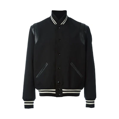 SAINT LAURENT Black Wool Striped Long Sleeve Varsity Jacket. 354718Y239W1000
