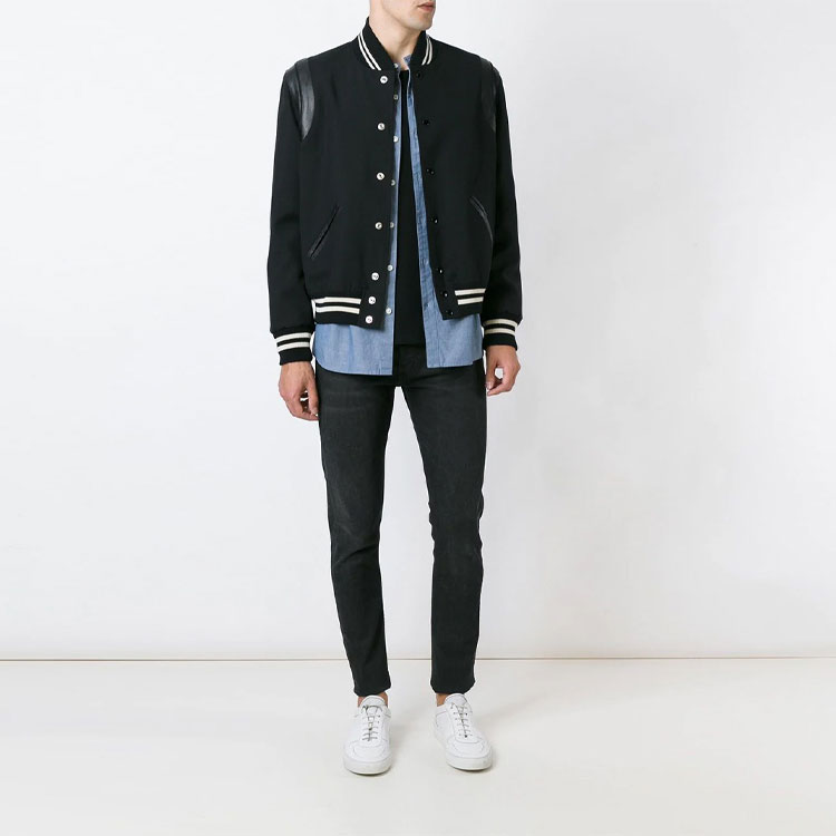 Lookbook SAINT LAURENT  Black Wool Striped Long Sleeve Varsity Jacket. 354718Y239W1000