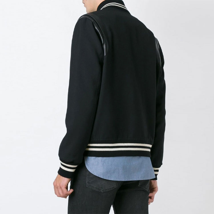 Shop SAINT LAURENT  Black Wool Striped Long Sleeve Varsity Jacket. 354718Y239W1000