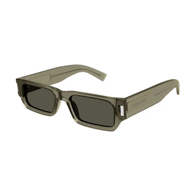 SAINT LAURENT Irregular Sunglasses Gray Brown with Logo Print Temples SL660003