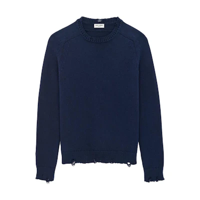 SAINT LAURENT Navy Distressed Knit Crewneck Sweater. 604798YALO24240